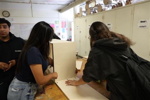 Students working on cabinet building and sinking skews.