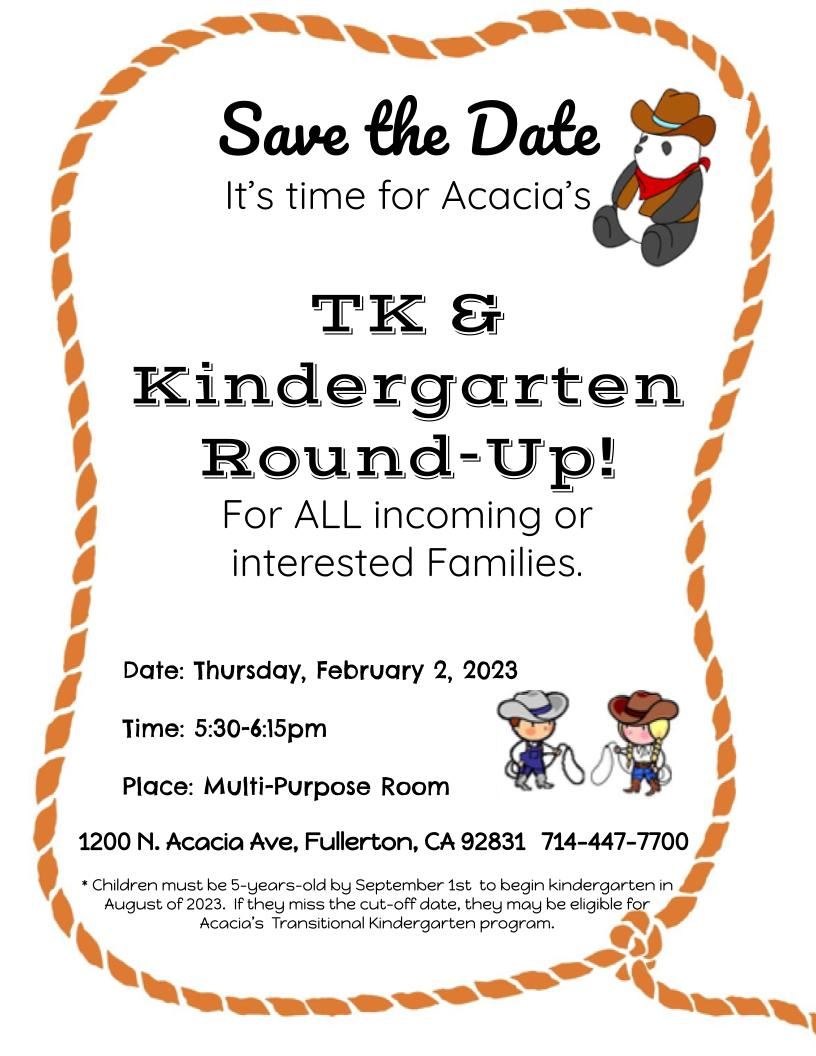  TK & Kindergarten Informational Meeting Feb 6th @ 5:30pm